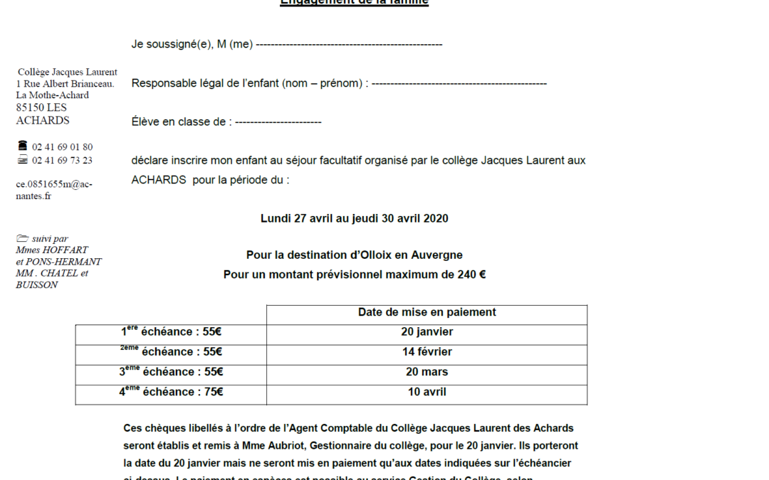 Séjour en AUVERGNE: le dossier d’inscription